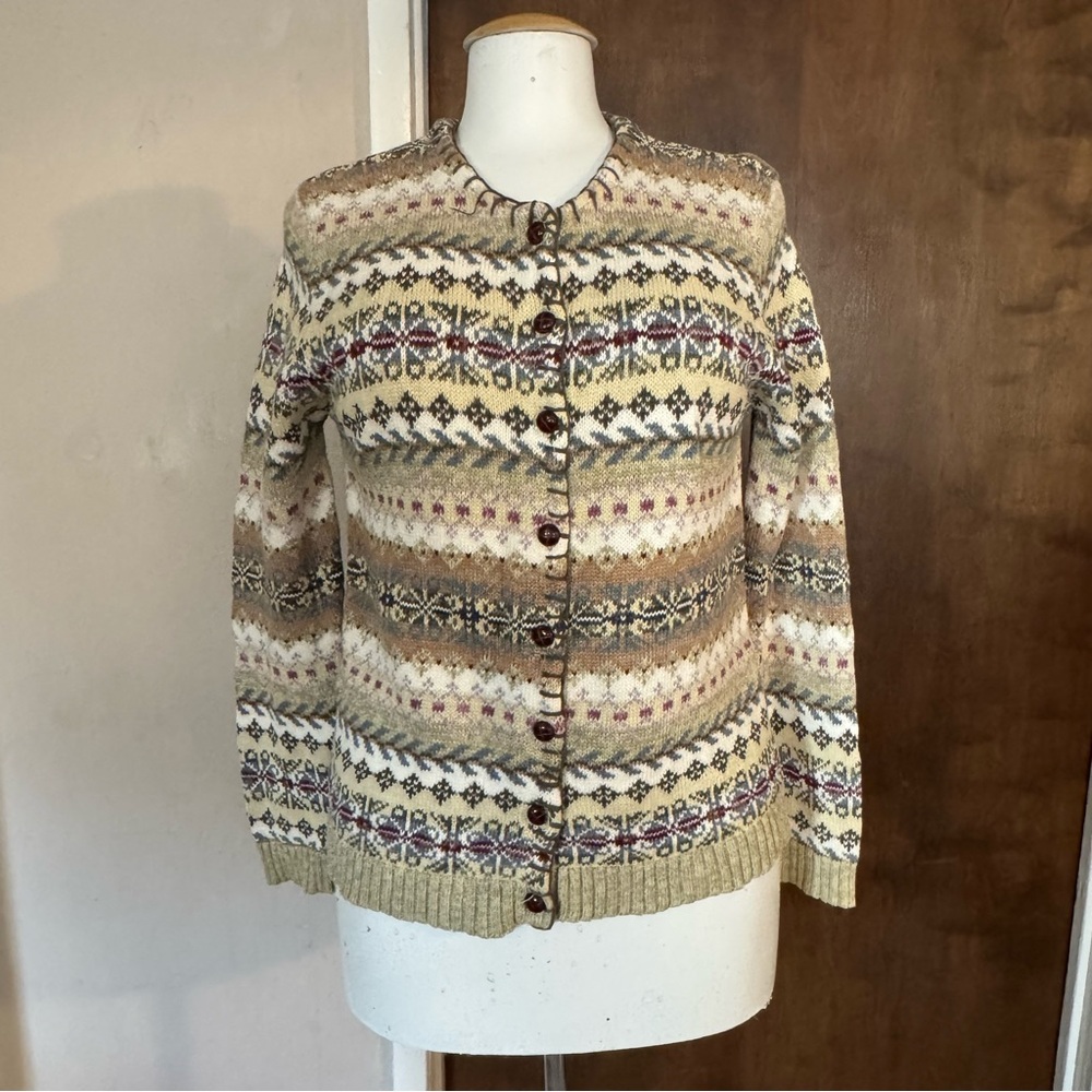 Tiara International Cardigan Women Neutral Fair Isle Heavy Cotton Size Small